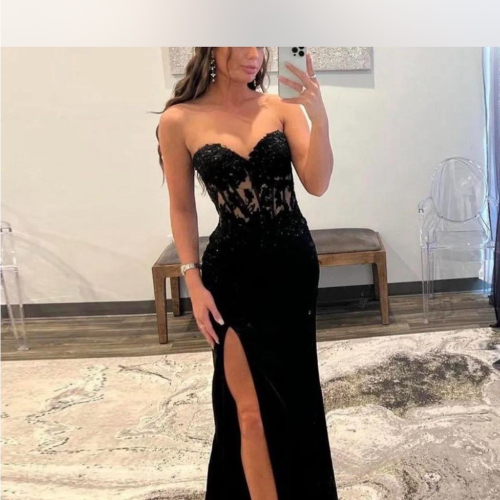 Black Strapless Sweetheart Prom Gown with High Slit